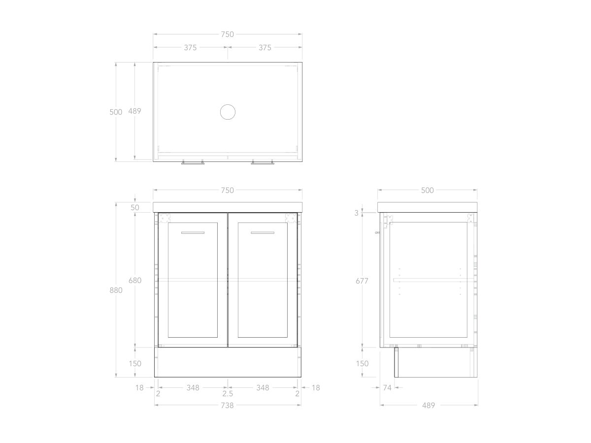 Reece Kado Lux All Door 750mm Floor Mounted Vanity Centre Basin 50mm Caesarstone Mineral Top