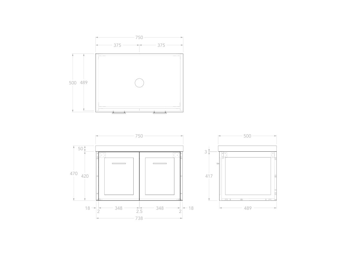 Reece Kado Lux All Door 750mm Wall Hung Vanity Centre Basin 50mm Cherry Pie Top