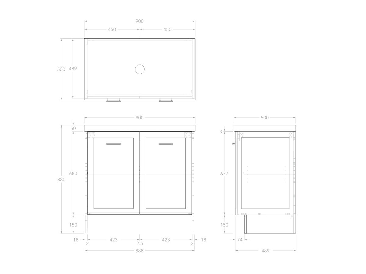Reece Kado Lux All Door 900mm Floor Mounted Vanity Centre Basin 50mm Durasein Top