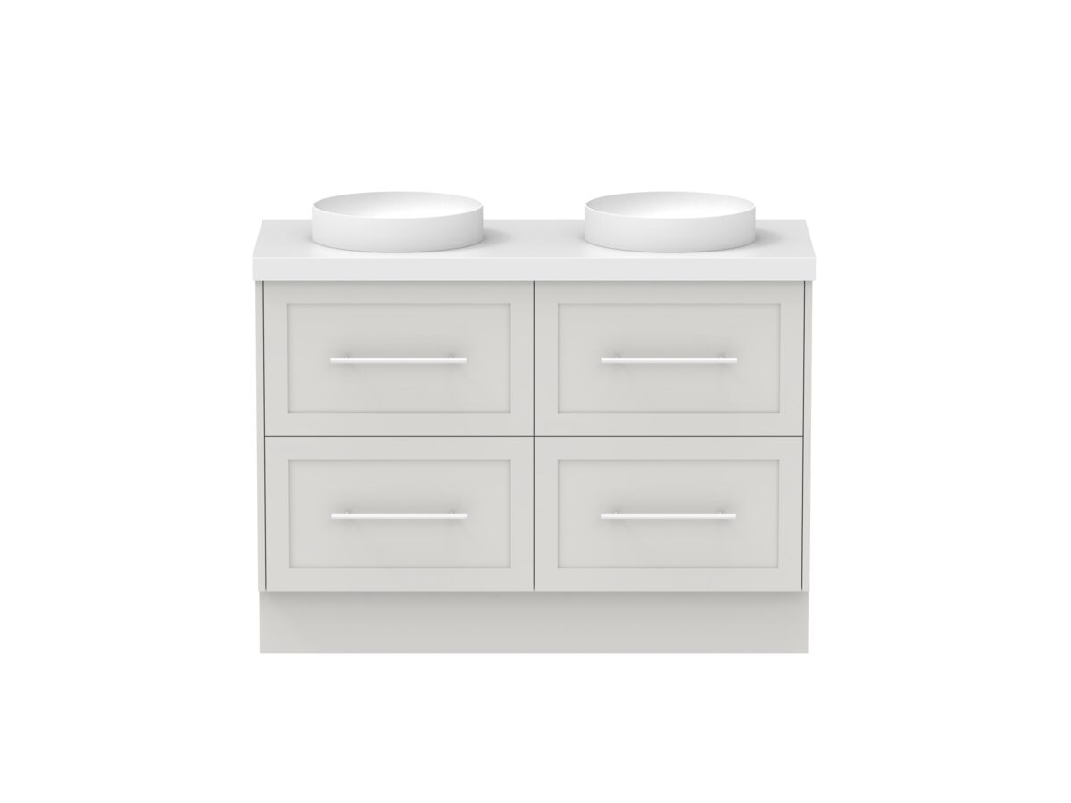 reece Kado Lux All Drawer 1200mm Floor Mounted Vanity Double Basin 50mm Caesarstone Mineral Top