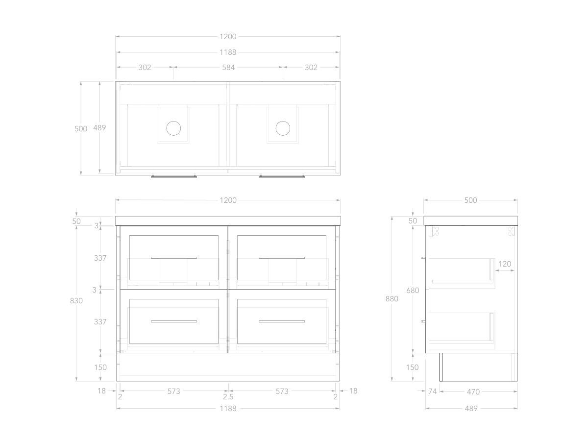Reece Kado Lux All Drawer 1200mm Floor Mounted Vanity Double Basin 50mm Durasein Top
