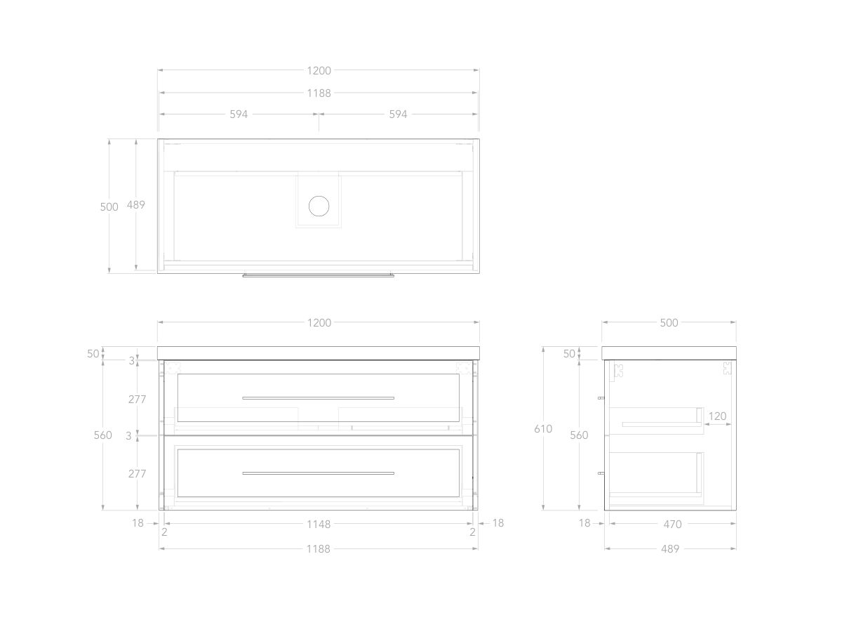 Reece Kado Lux All Drawer 1200mm Wall Hung Vanity Centre Basin 50mm Durasein Top