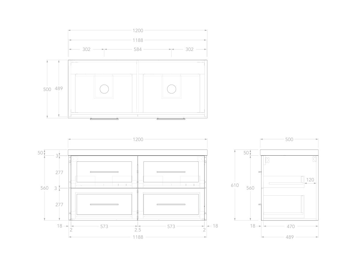 Reece Kado Lux All Drawer 1200mm Wall Hung Vanity Double Basin 50mm Durasein Top