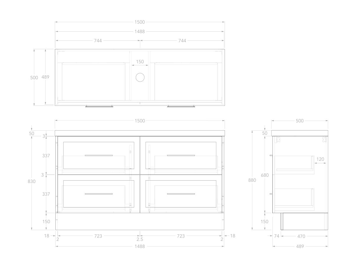 Reece Kado Lux All Drawer 1500mm Floor Mounted Vanity Centre Basin 50mm Cherry Pie Top