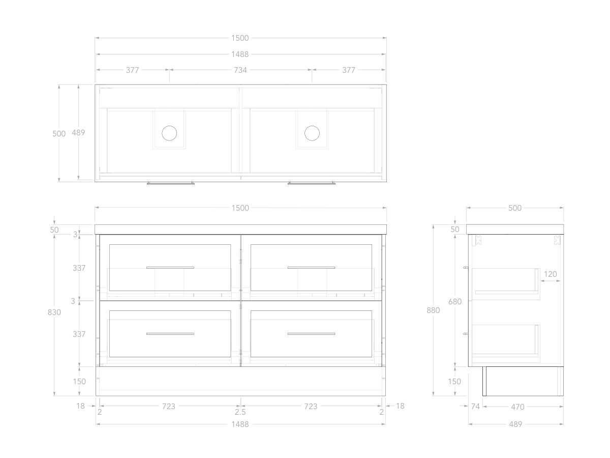 Reece Kado Lux All Drawer 1500mm Floor Mounted Vanity Centre Basin 50mm Durasein Top
