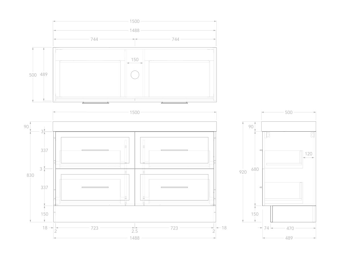 Reece Kado Lux All Drawer 1500mm Floor Mounted Vanity Centre Basin 90mm Caesarstone Mineral Top