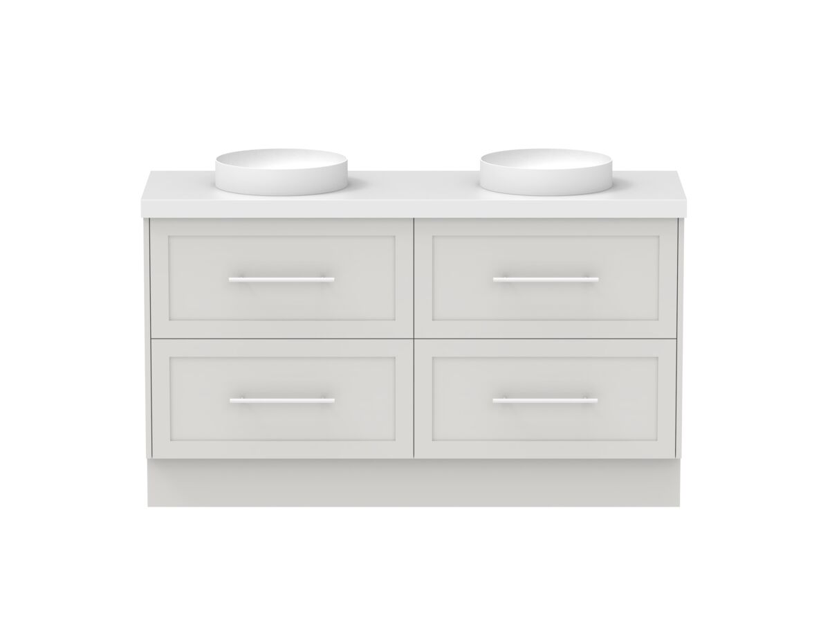 reece Kado Lux All Drawer 1500mm Floor Mounted Vanity Double Basin 50mm Caesarstone Mineral Top
