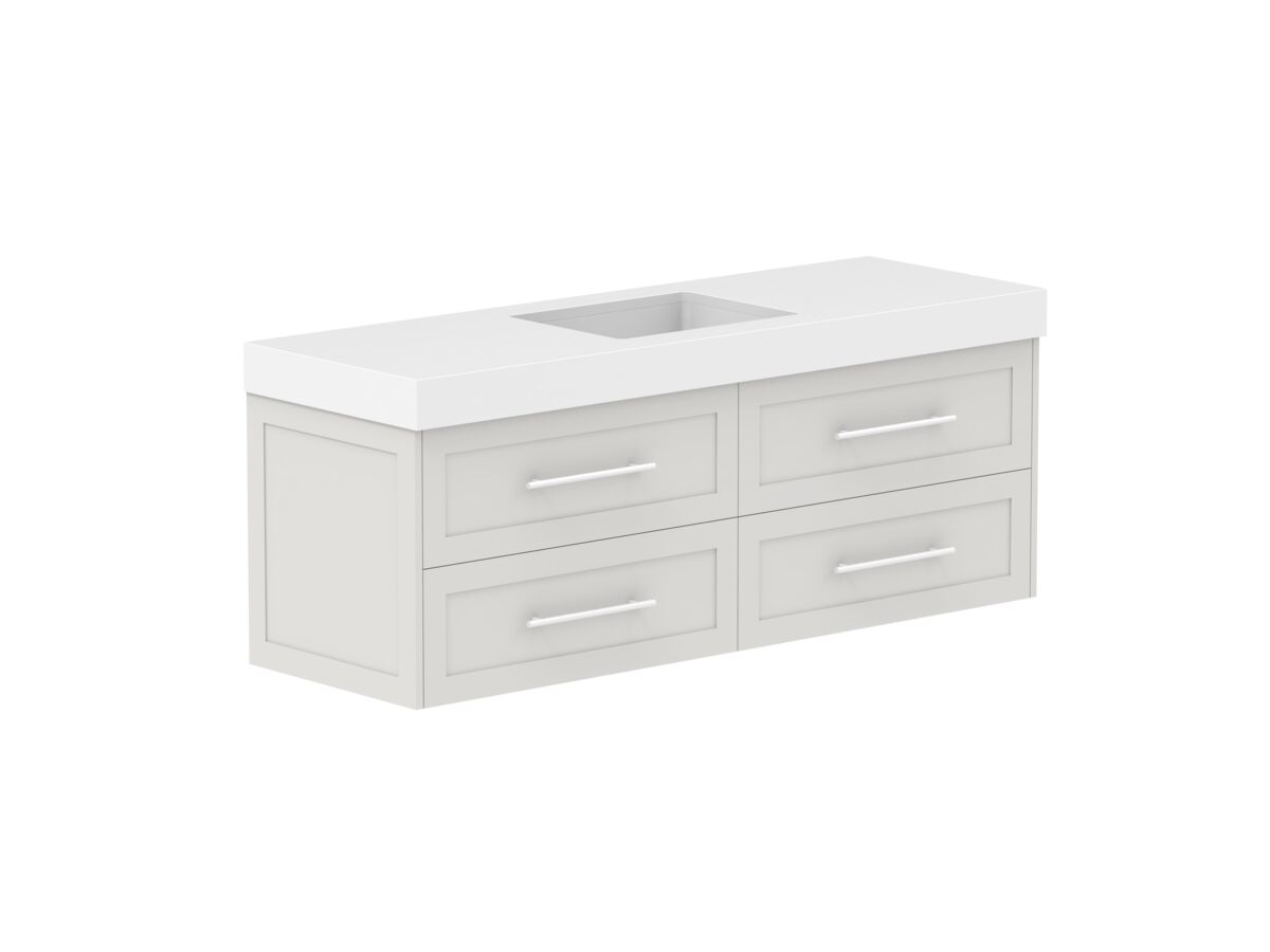 Reece Kado Lux All Drawer 1500mm Wall Hung Vanity Centre Basin 90mm Caesarstone Mineral Top