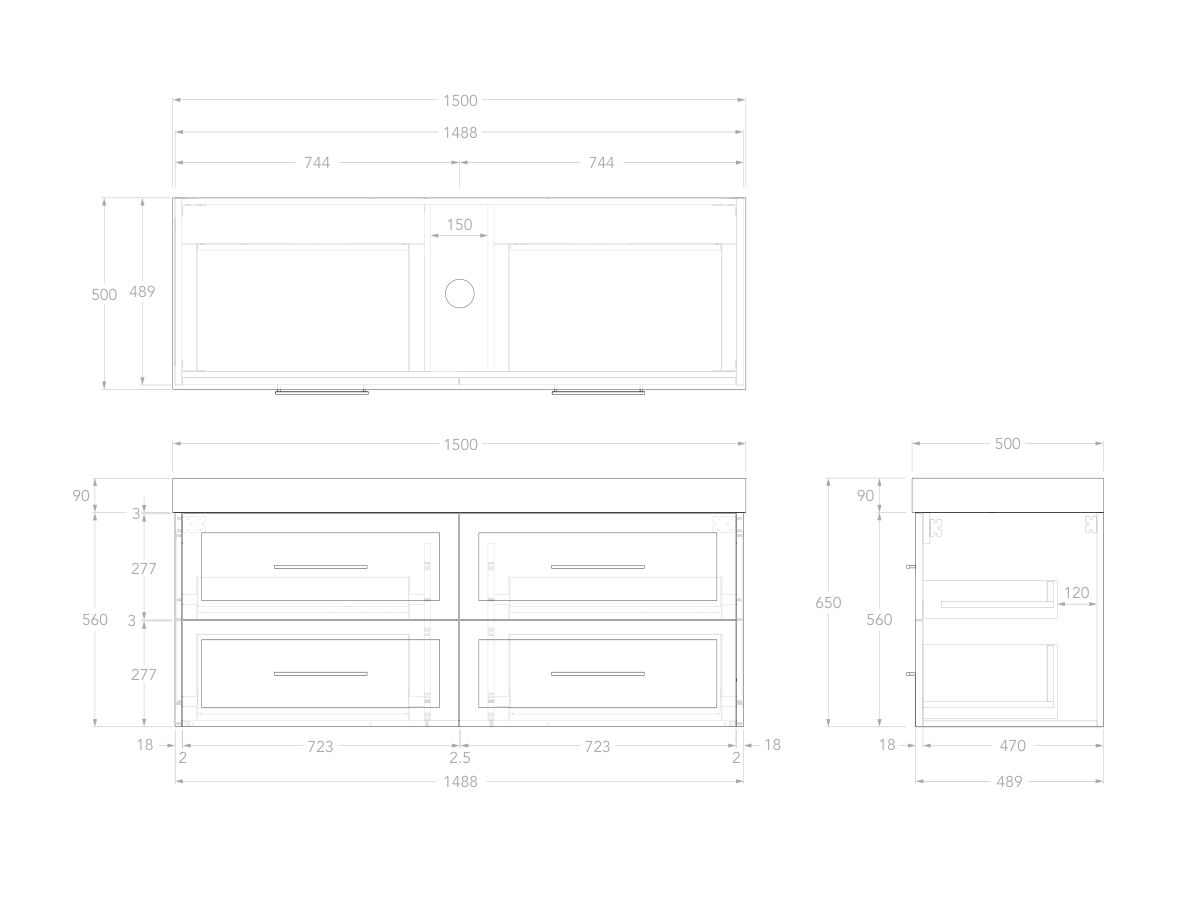 Reece Kado Lux All Drawer 1500mm Wall Hung Vanity Centre Basin 90mm Caesarstone Mineral Top