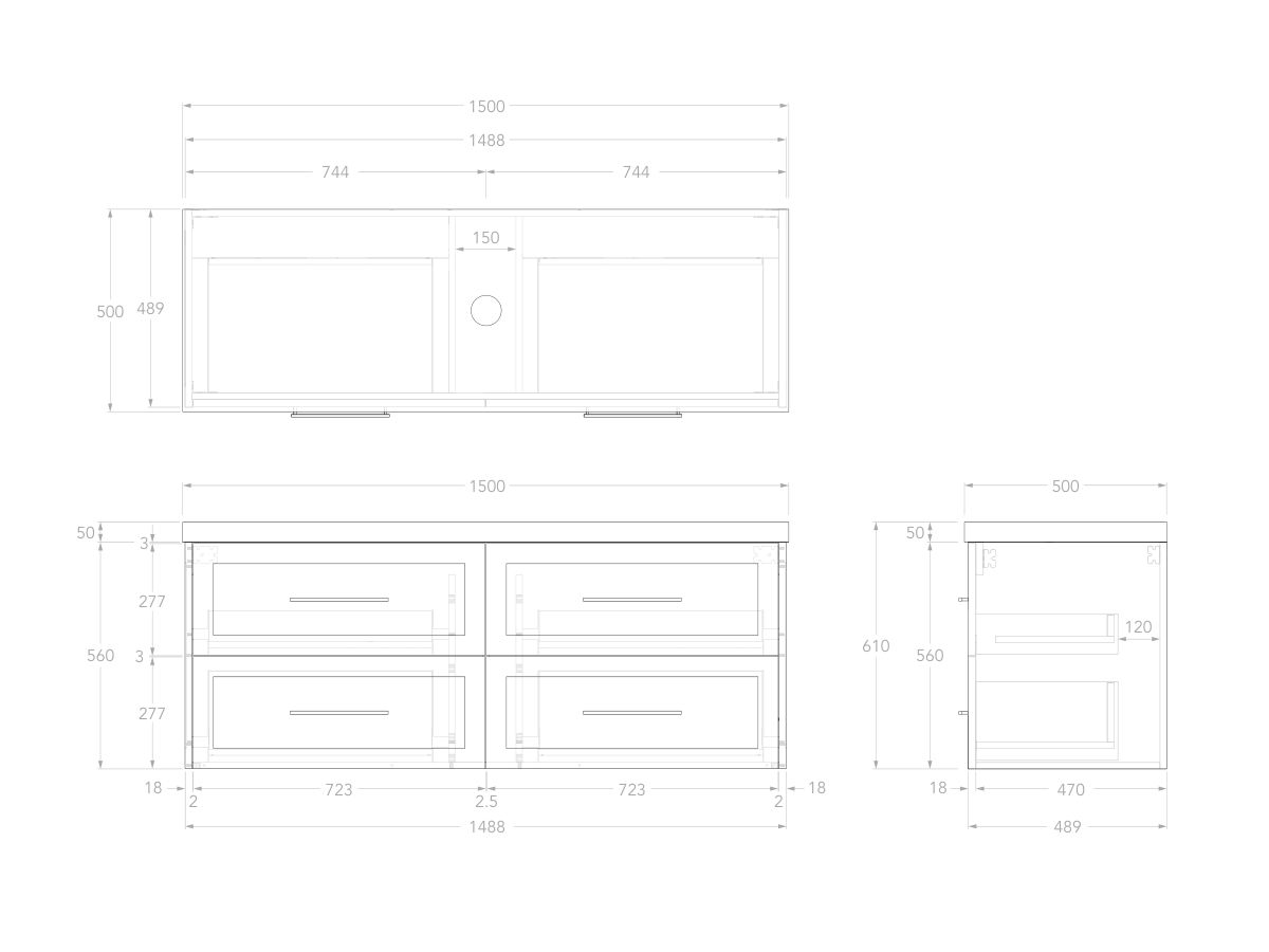 Reece Kado Lux All Drawer 1500mm Wall Hung Vanity Centre Basin 50mm Cherry Pie Top