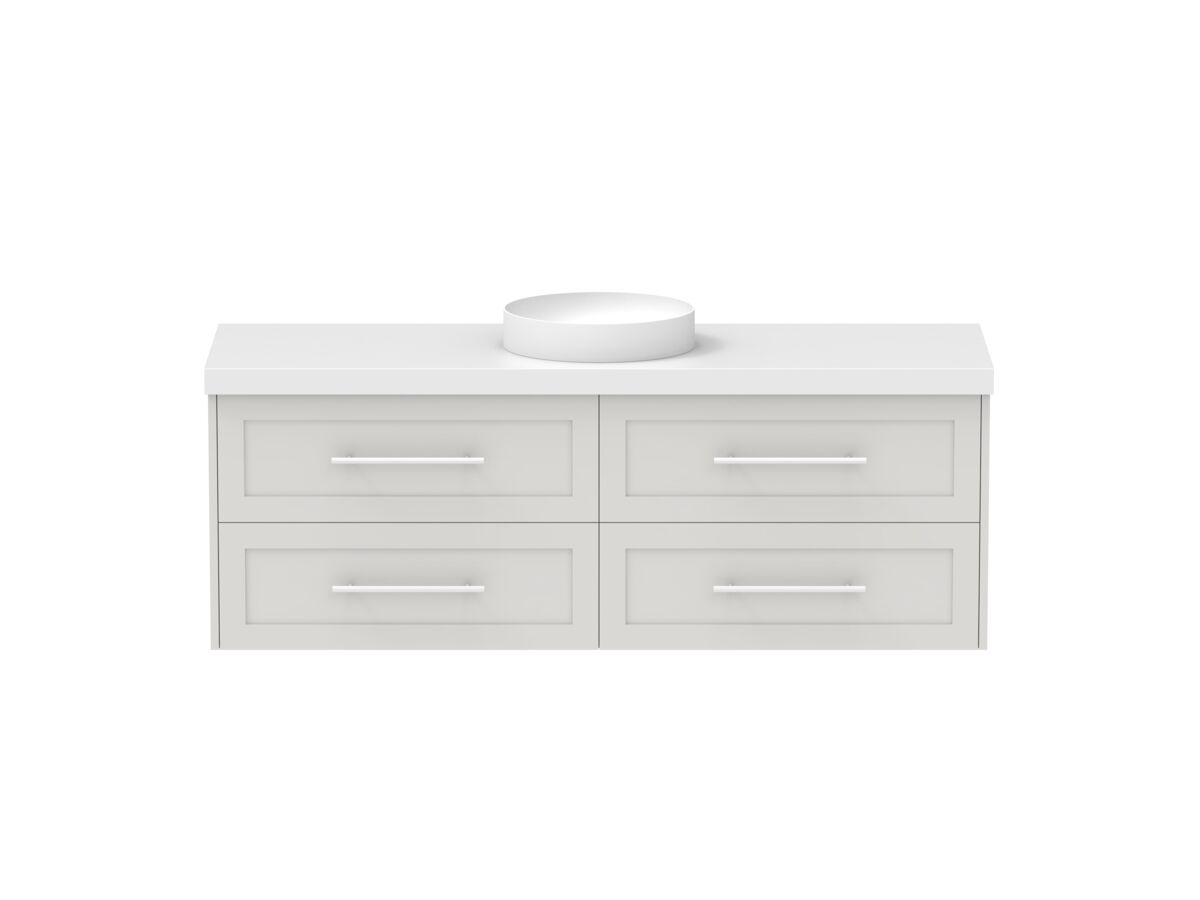 reece Kado Lux All Drawer 1500mm Wall Hung Vanity Centre Basin 50mm Caesarstone Mineral Top