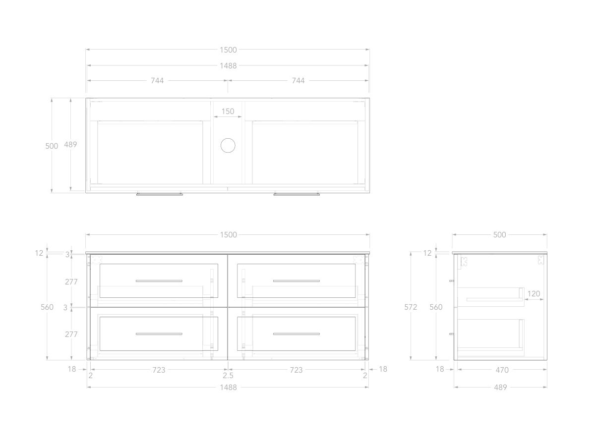 Reece Kado Lux All Drawer 1500mm Wall Hung Vanity Centre Basin 12mm Durasein Top