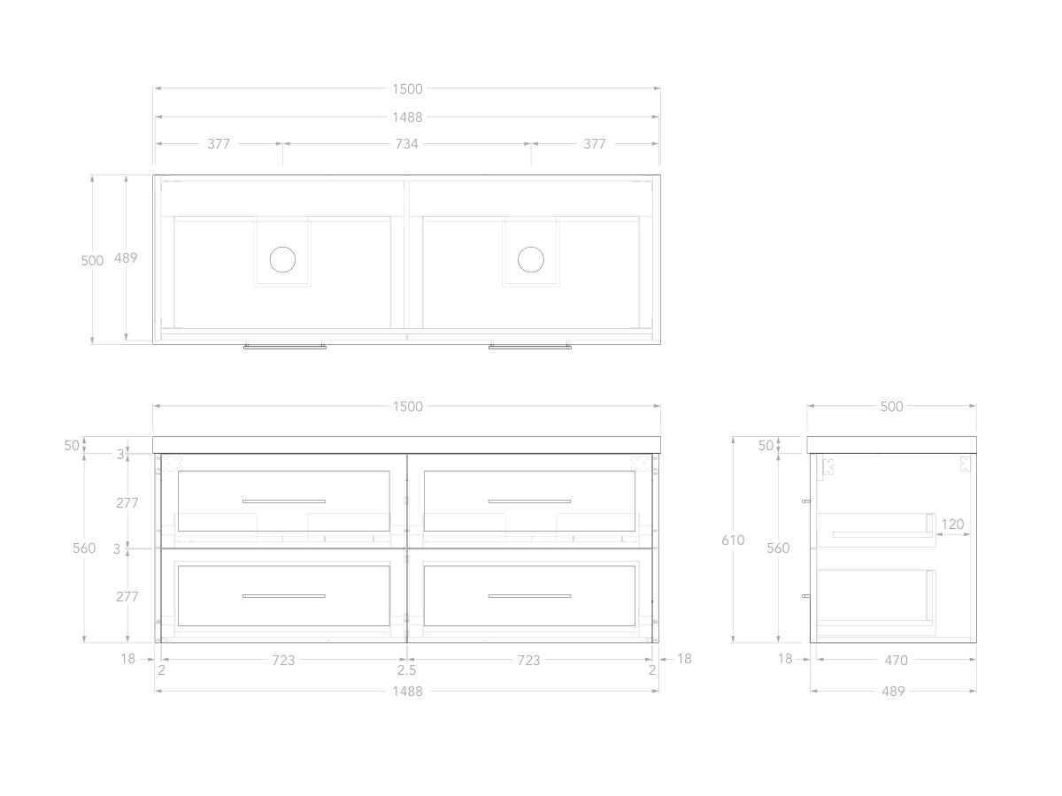 Reece Kado Lux All Drawer 1500mm Wall Hung Vanity Double Basin 50mm Cherry Pie Top