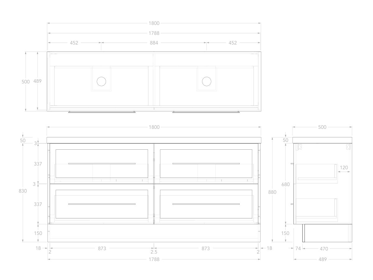 Reece Kado Lux All Drawer 1800mm Floor Mounted Vanity Double Basin 50mm Caesarstone Mineral Top