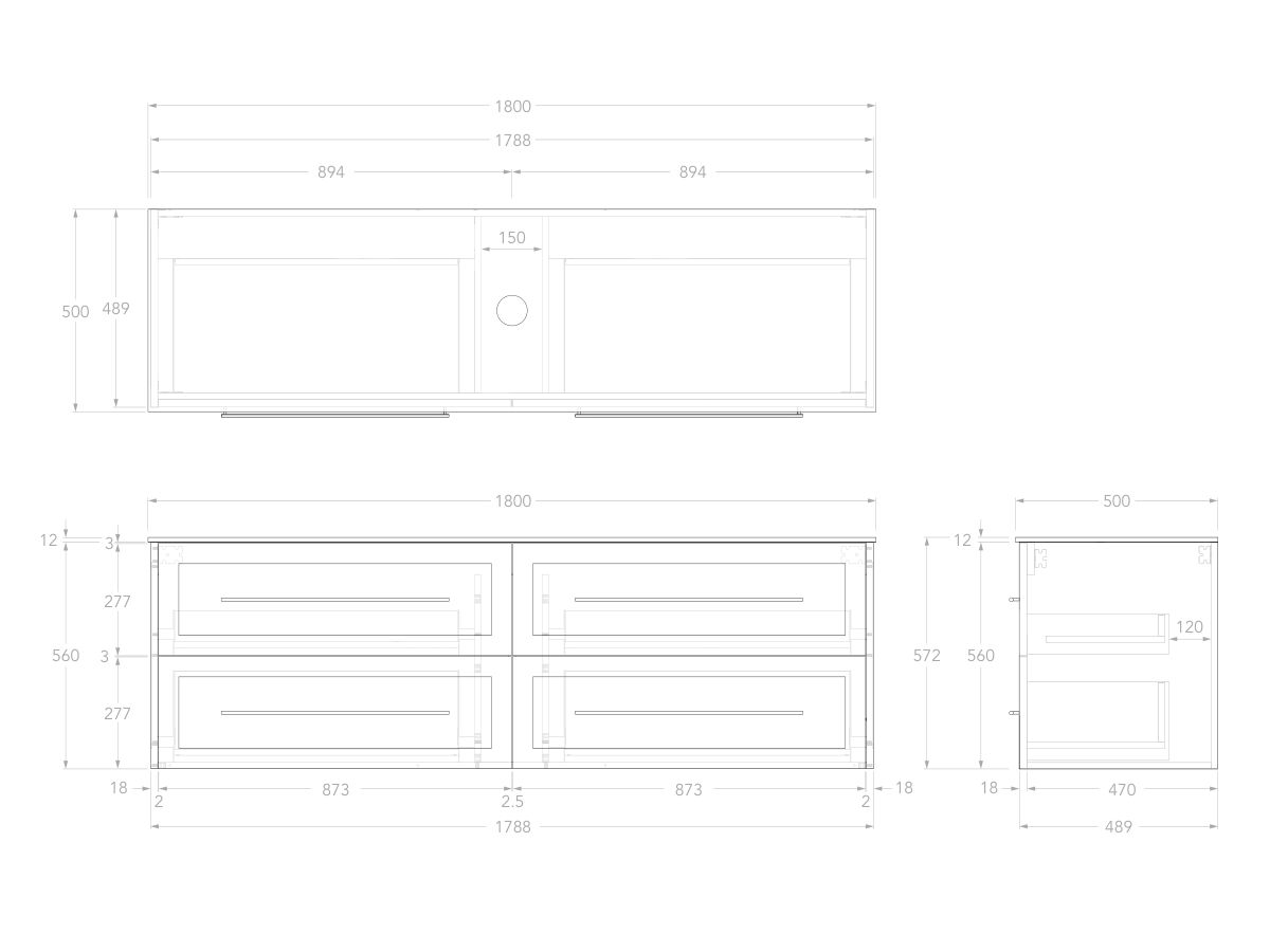 Reece Kado Lux All Drawer 1800mm Wall Hung Vanity Centre Basin 12mm Durasein Top