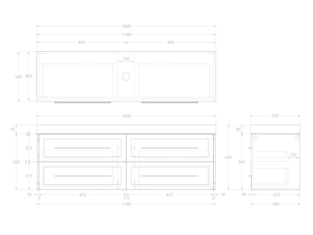 Reece Kado Lux All Drawer 1800mm Wall Hung Vanity Centre Basin 90mm Durasein Top