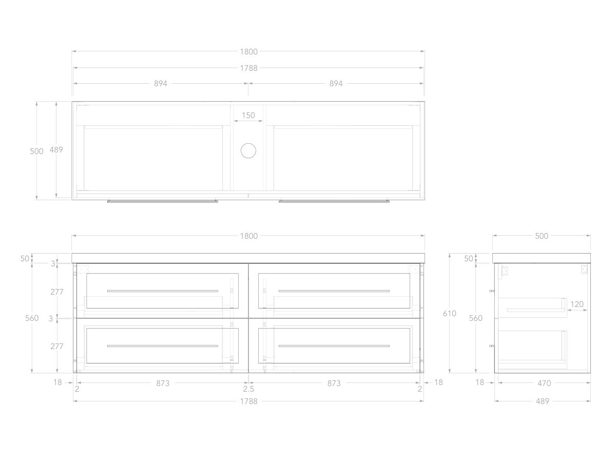 Reece Kado Lux All Drawer 1800mm Wall Hung Vanity Centre Basin 50mm Caesarstone Mineral Top