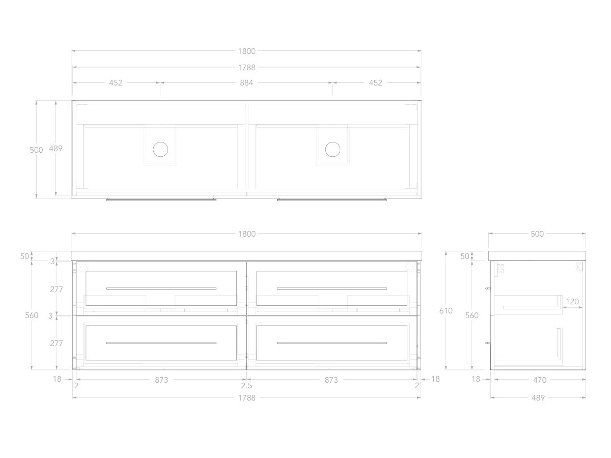Reece Kado Lux All Drawer 1800mm Wall Hung Vanity Double Basin 50mm Caesarstone Mineral Top