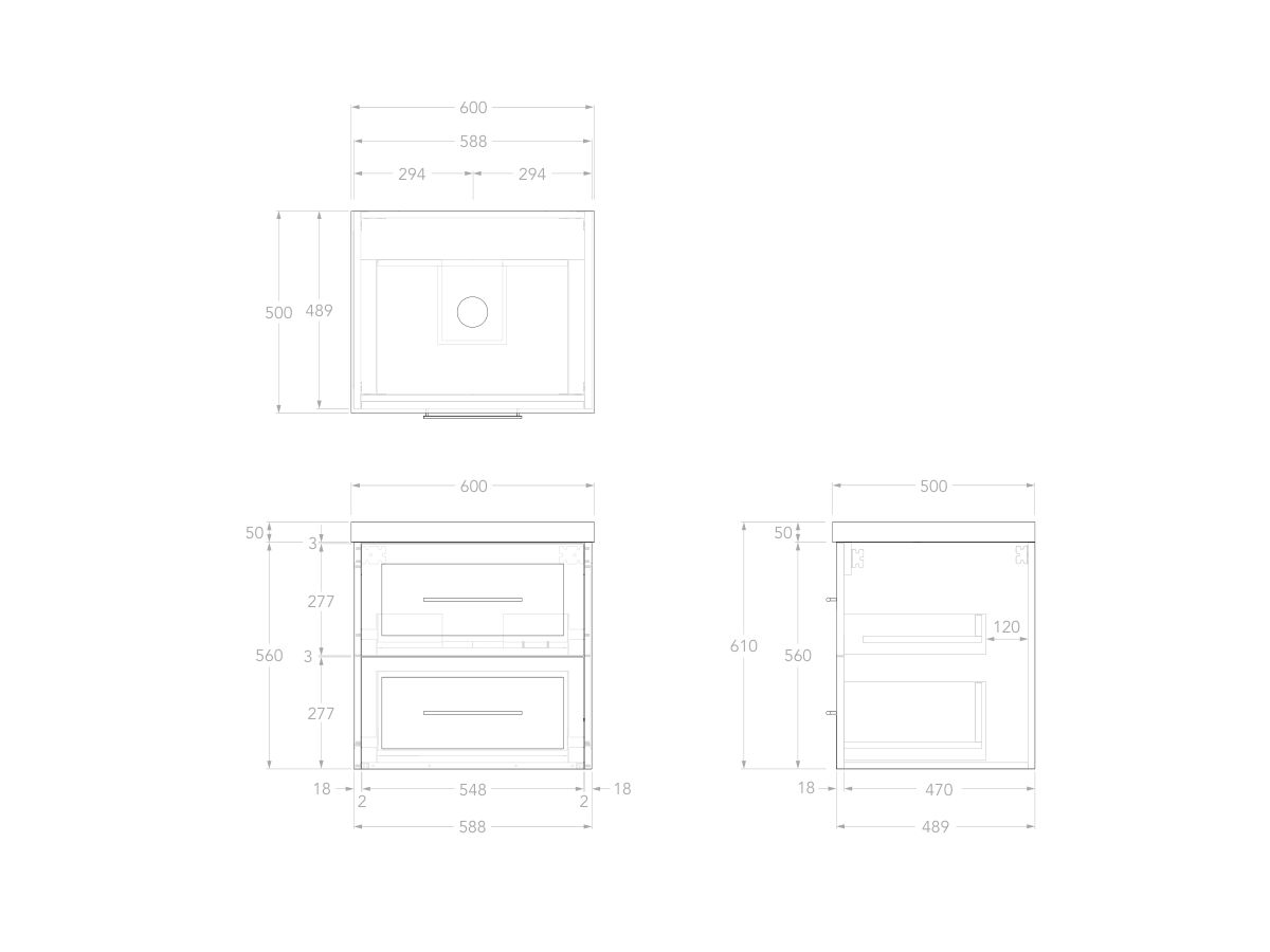Reece Kado Lux All Drawer 600mm Wall Hung Vanity Centre Basin 50mm Caesarstone Mineral Top