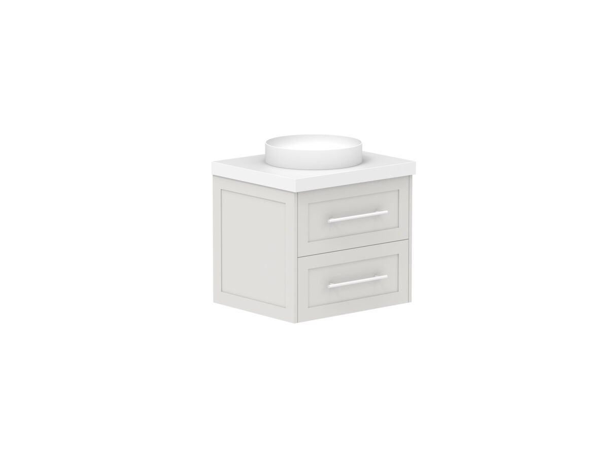 Reece Kado Lux All Drawer 600mm Wall Hung Vanity Centre Basin 50mm Caesarstone Mineral Top