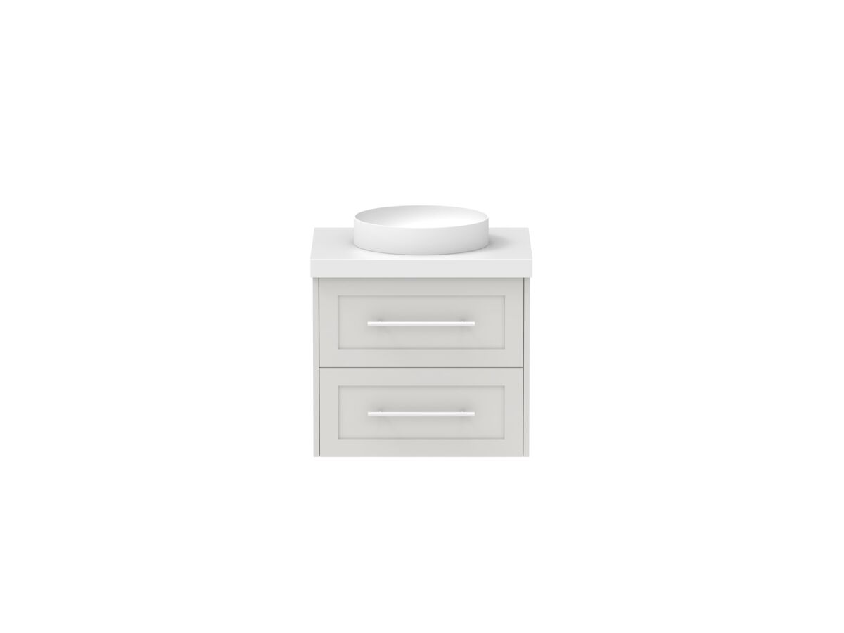 reece Kado Lux All Drawer 600mm Wall Hung Vanity Centre Basin 50mm Caesarstone Mineral Top