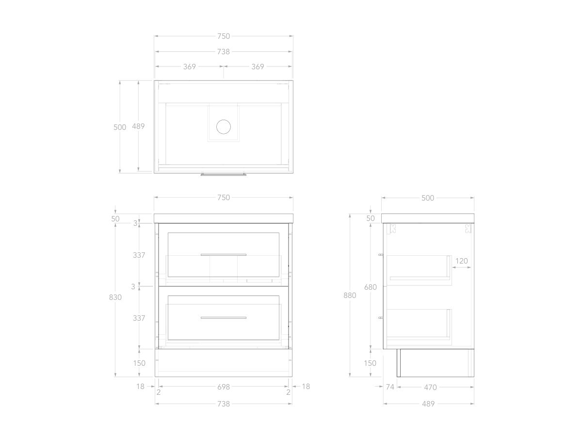 Reece Kado Lux All Drawer 750mm Floor Mounted Vanity Centre Basin 50mm Caesarstone Mineral Top