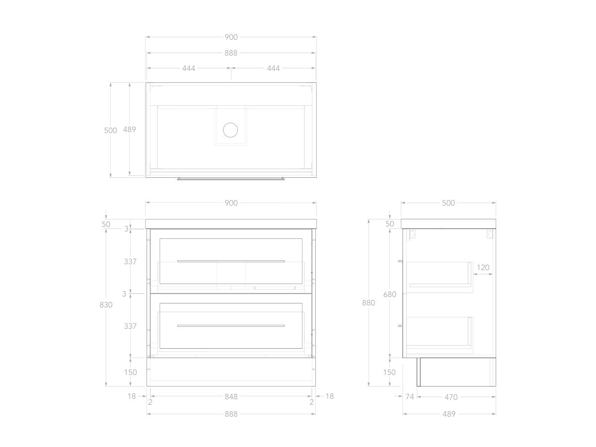 Reece Kado Lux All Drawer 900mm Floor Mounted Vanity Centre Basin 50mm Caesarstone Mineral Top