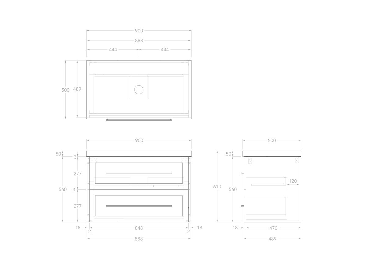 Reece Kado Lux All Drawer 900mm Wall Hung Vanity Centre Basin 50mm Durasein Top