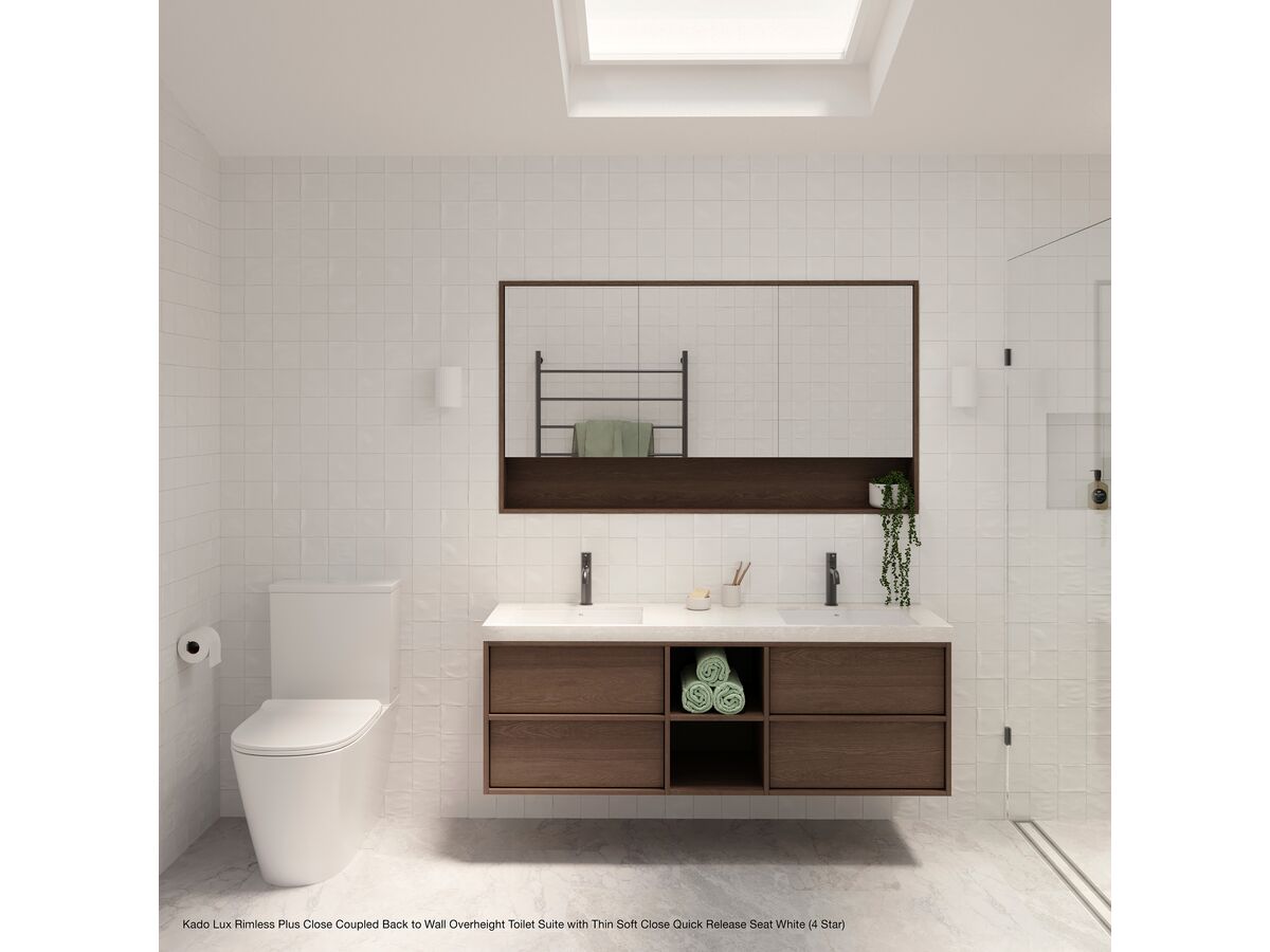 Reece Kado Lux Close Coupled Back To Wall Rimless Plus Overheight Bottom Inlet Toilet Suite With Soft Close Quick Release Seat White (4 Star)