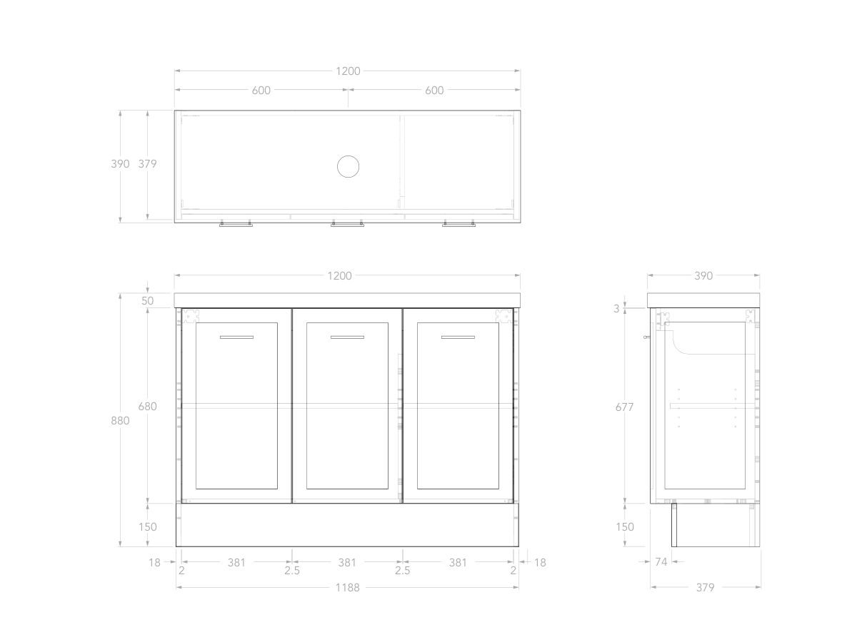 Reece Kado Lux Ensuite All Door 1200mm Floor Mounted Vanity Centre Basin 50mm Caesarstone Mineral Top