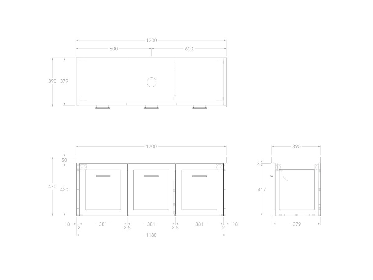 Reece Kado Lux Ensuite All Door 1200mm Wall Hung Vanity Centre Basin 50mm Caesarstone Mineral Top