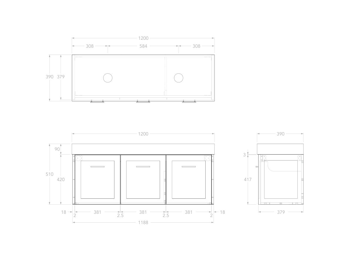 Reece Kado Lux Ensuite All Door 1200mm Wall Hung Vanity Double Basin 90mm Cherry Pie Top