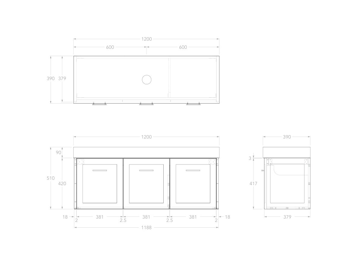 Reece Kado Lux Ensuite All Door 1200mm Wall Hung Vanity Centre Basin 90mm Caesarstone Mineral Top