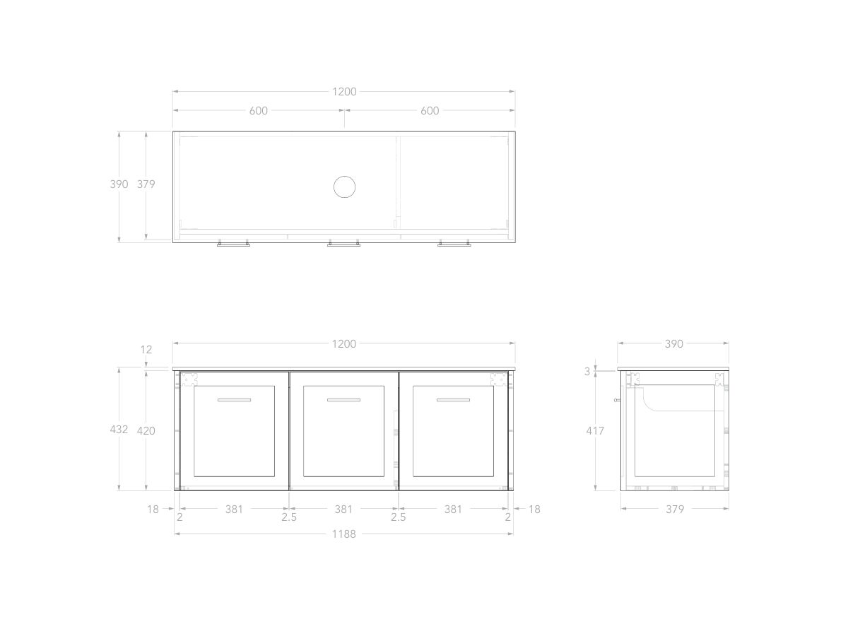 Reece Kado Lux Ensuite All Door 1200mm Wall Hung Vanity Centre Basin 12mm Durasein Top