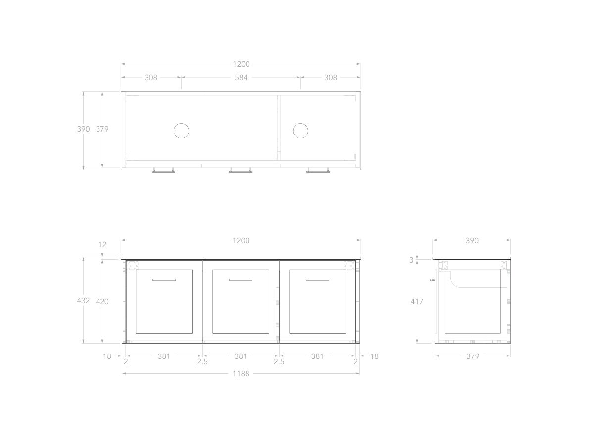 Reece Kado Lux Ensuite All Door 1200mm Wall Hung Vanity Double Basin 12mm Durasein Top