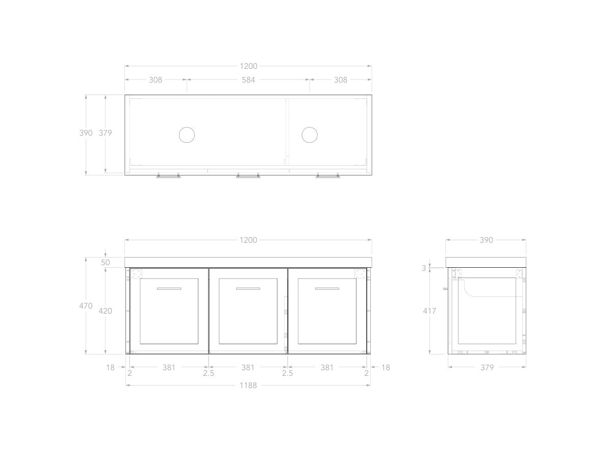 Reece Kado Lux Ensuite All Door 1200mm Wall Hung Vanity Double Basin 50mm Durasein Top