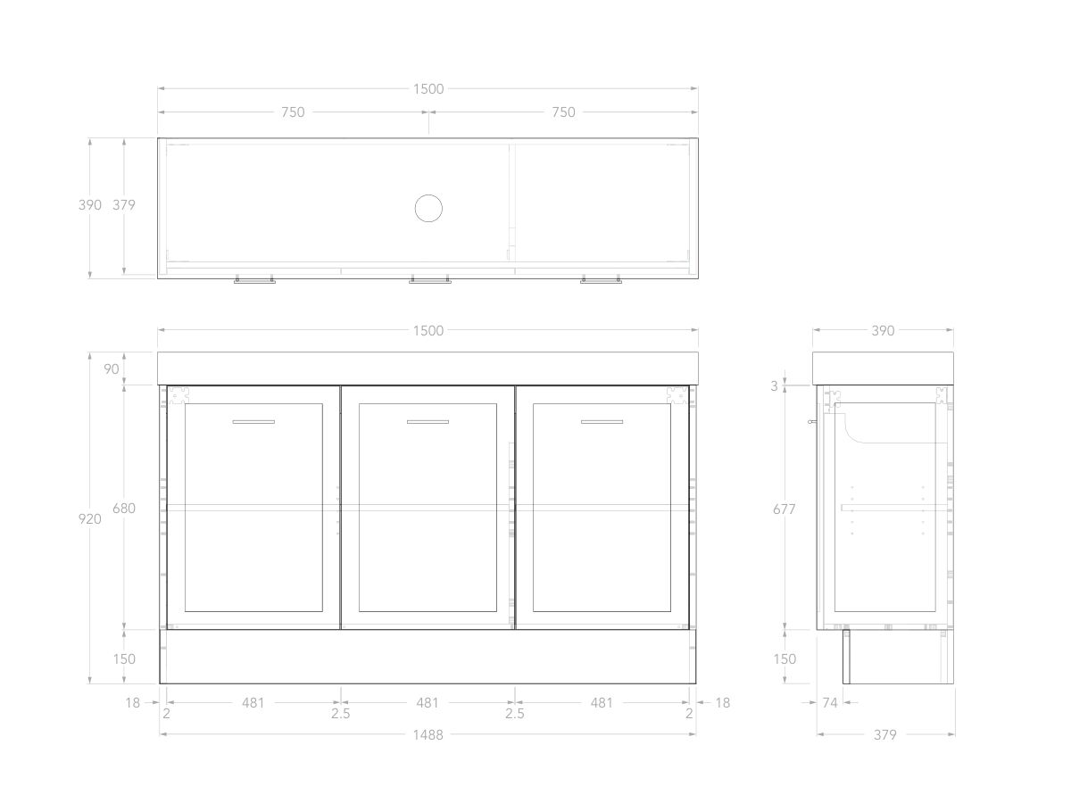 Reece Kado Lux Ensuite All Door 1500mm Floor Mounted Vanity Centre Basin 90mm Caesarstone Mineral Top
