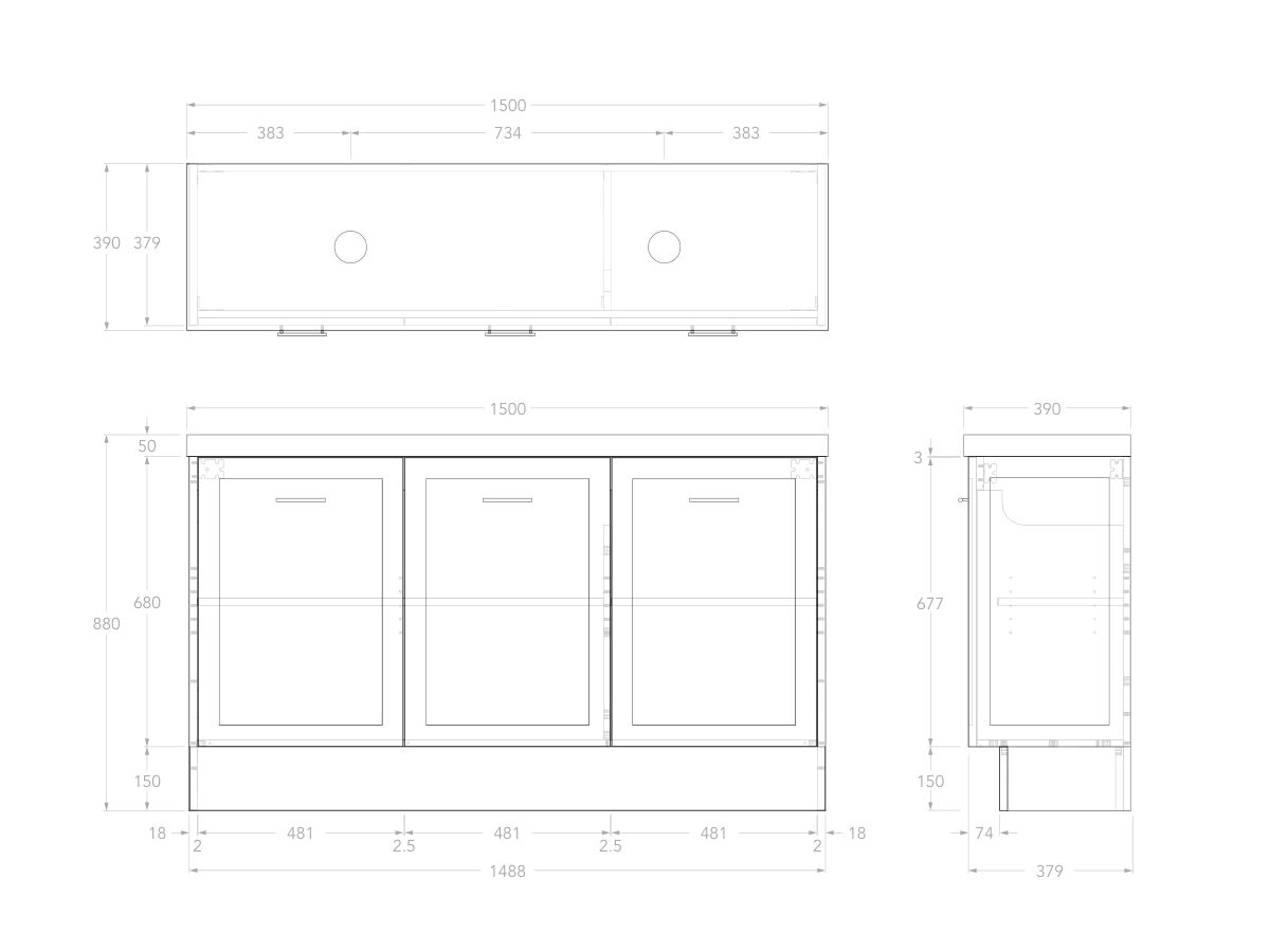 Reece Kado Lux Ensuite All Door 1500mm Floor Mounted Vanity Double Basin 50mm Durasein Top