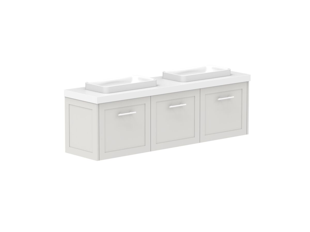 Reece Kado Lux Ensuite All Door 1500mm Wall Hung Vanity Double Basin 50mm Caesarstone Mineral Top