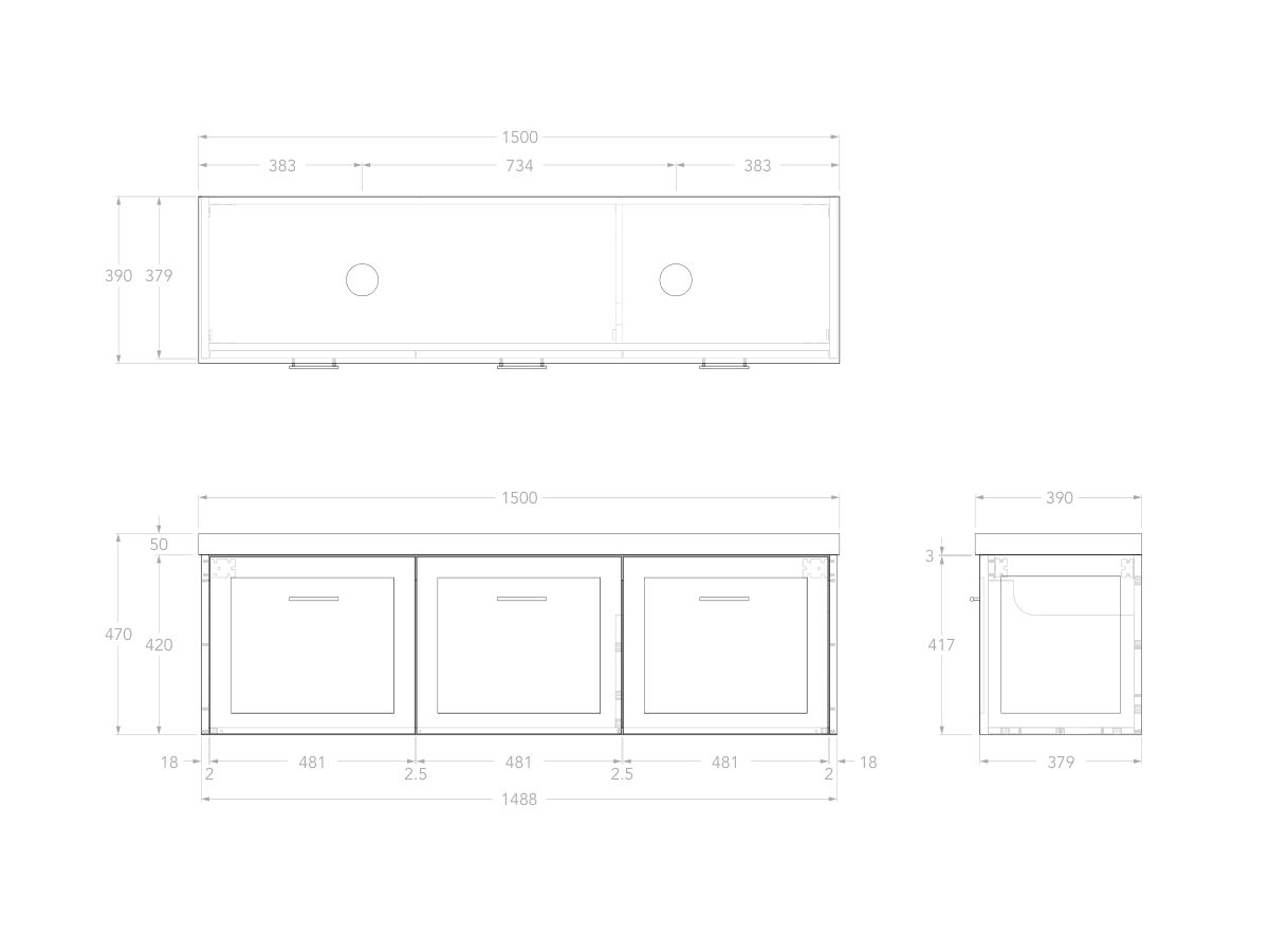 Reece Kado Lux Ensuite All Door 1500mm Wall Hung Vanity Double Basin 50mm Caesarstone Mineral Top