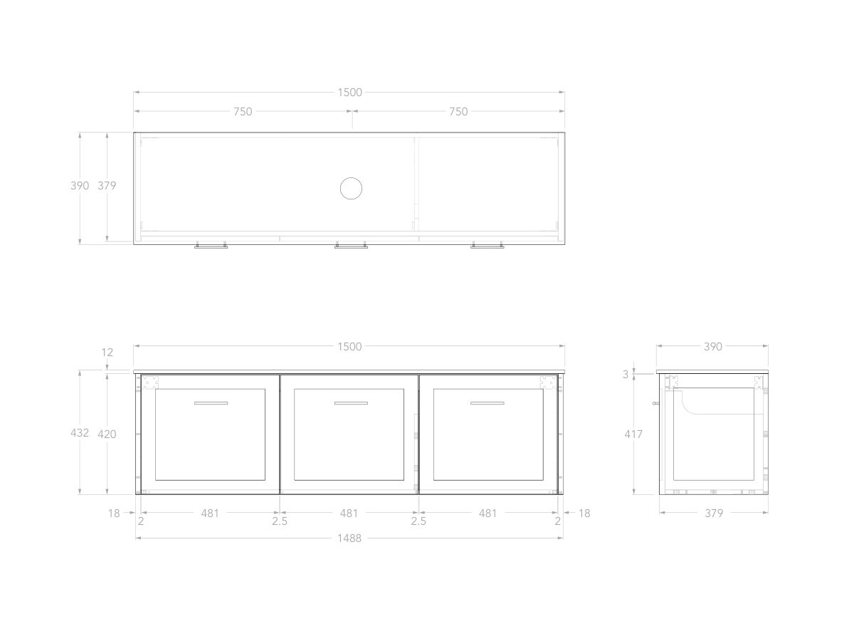 Reece Kado Lux Ensuite All Door 1500mm Wall Hung Vanity Centre Basin 12mm Durasein Top