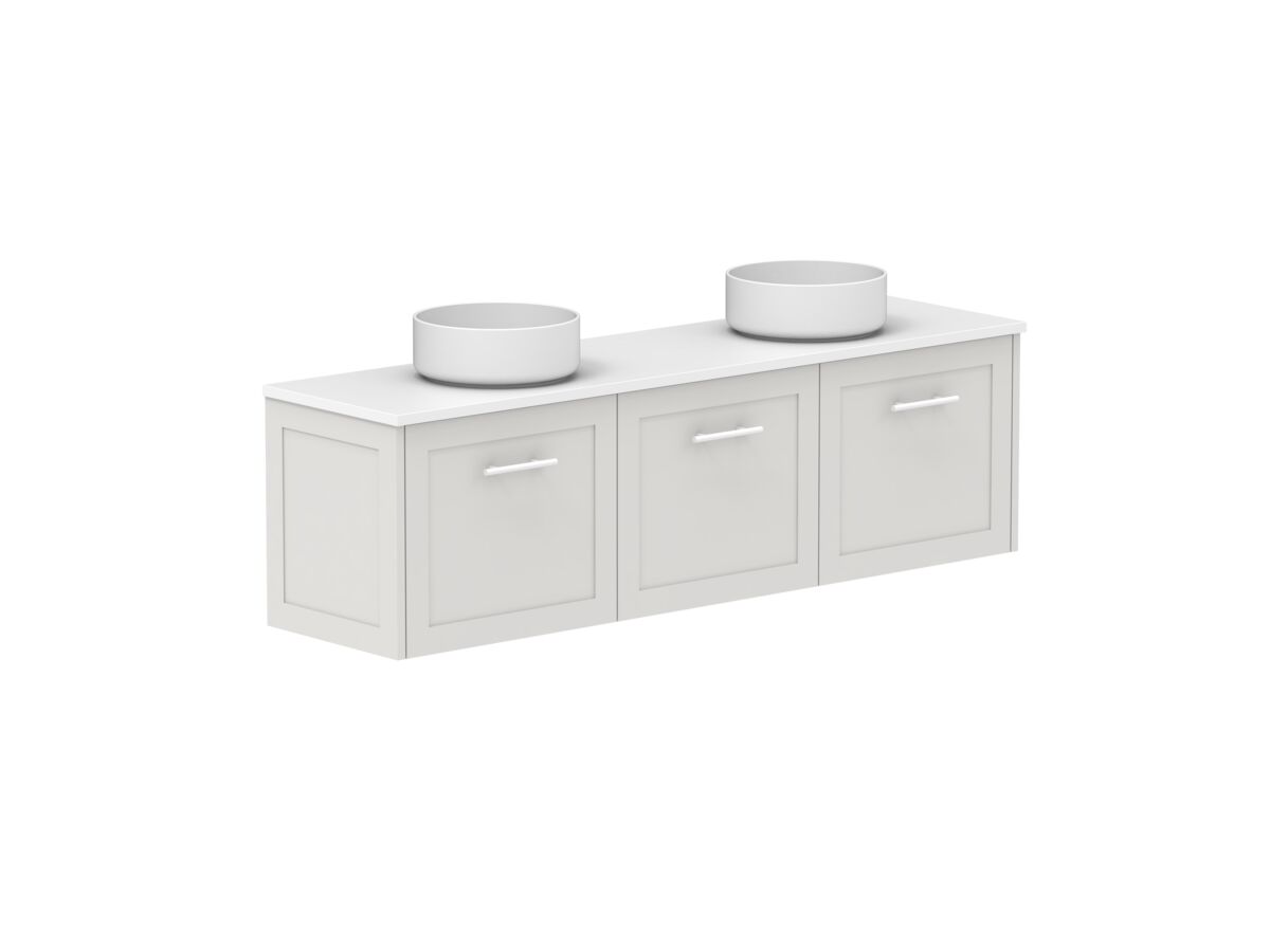 Reece Kado Lux Ensuite All Door 1500mm Wall Hung Vanity Double Basin 20mm Caesarstone Mineral Top