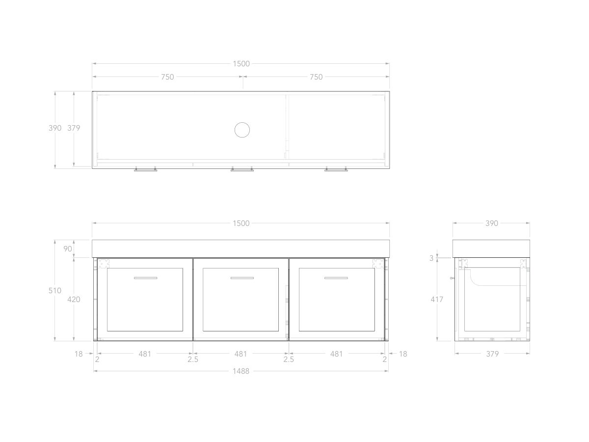 Reece Kado Lux Ensuite All Door 1500mm Wall Hung Vanity Centre Basin 90mm Cherry Pie Top