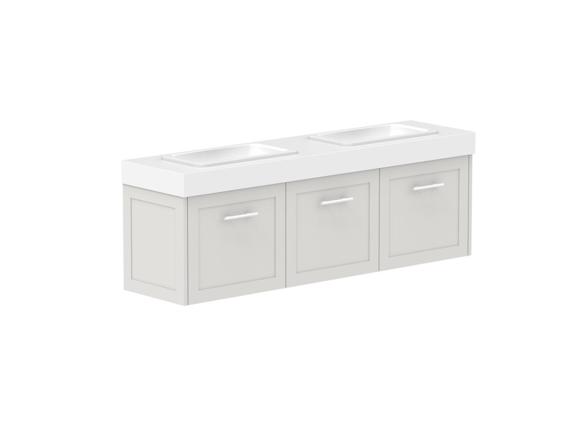 Reece Kado Lux Ensuite All Door 1500mm Wall Hung Vanity Double Basin 90mm Caesarstone Mineral Top