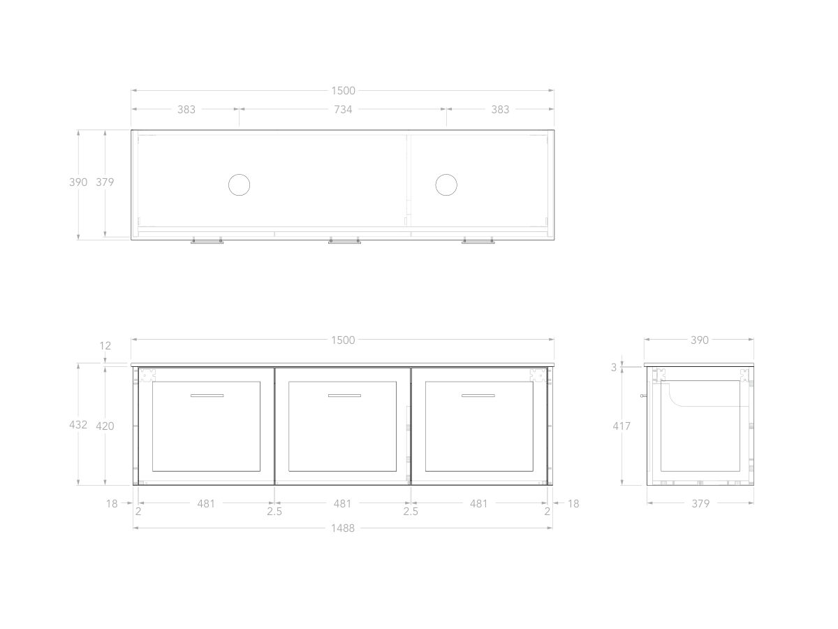 Reece Kado Lux Ensuite All Door 1500mm Wall Hung Vanity Double Basin 12mm Durasein Top