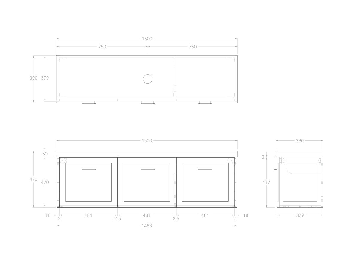 Reece Kado Lux Ensuite All Door 1500mm Wall Hung Vanity Centre Basin 50mm Durasein Top