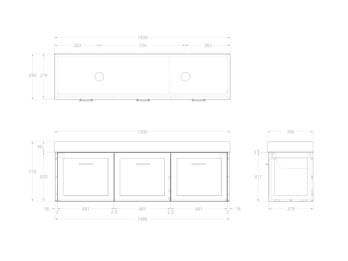 Reece Kado Lux Ensuite All Door 1500mm Wall Hung Vanity Double Basin 90mm Durasein Top