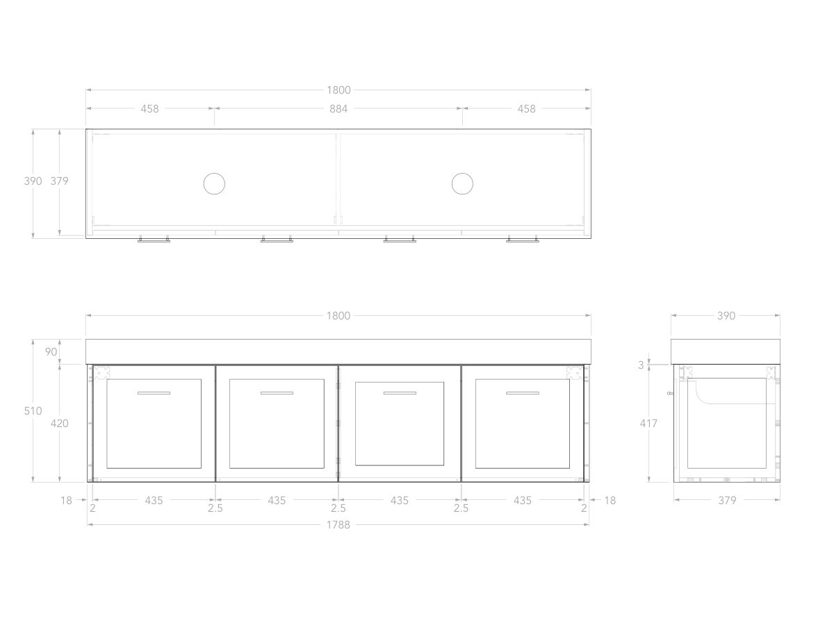 Reece Kado Lux Ensuite All Door 1800mm Wall Hung Vanity Double Basin 90mm Durasein Top