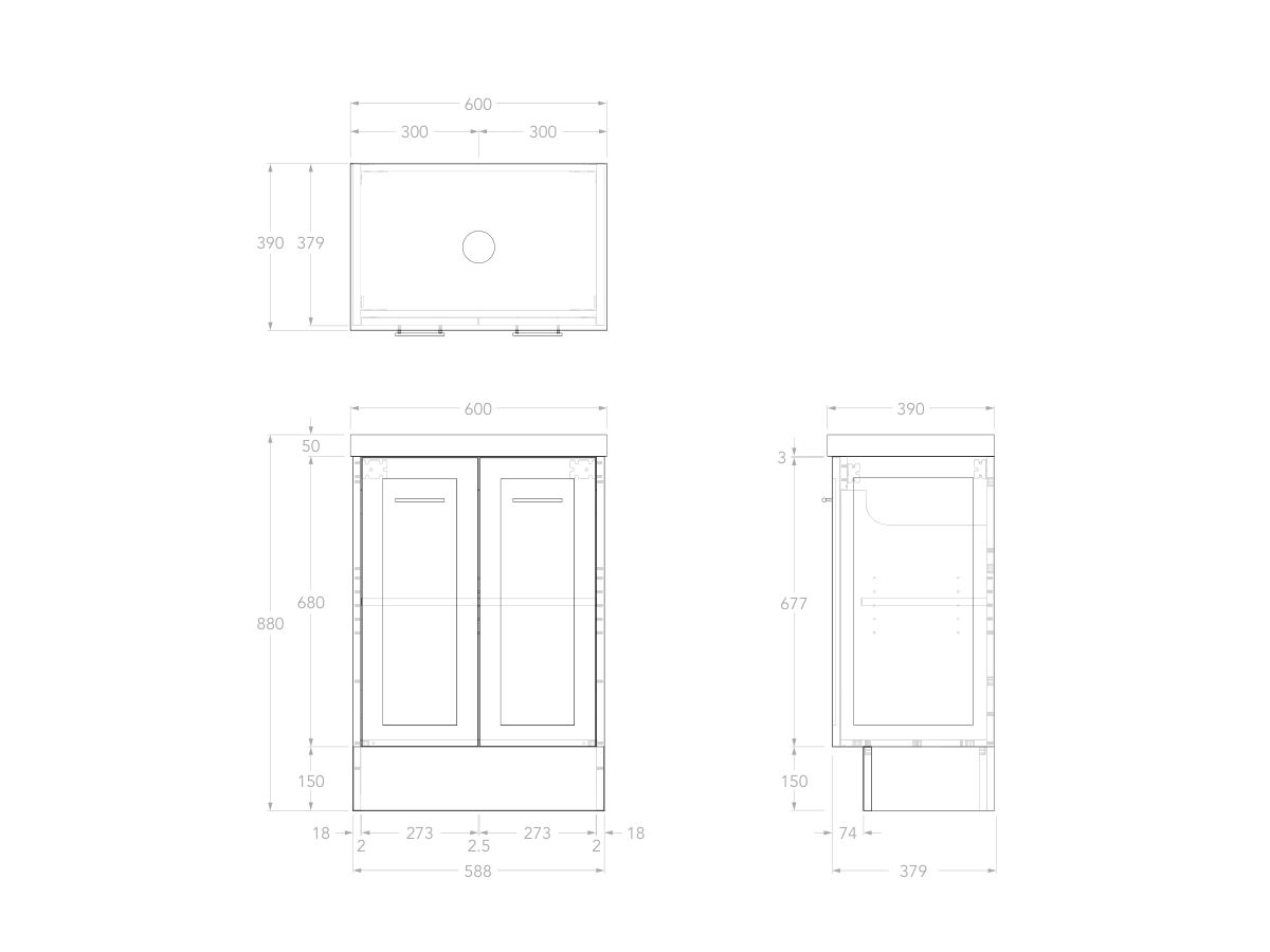 Reece Kado Lux Ensuite All Door 600mm Floor Mounted Vanity Centre Basin 50mm Caesarstone Mineral Top