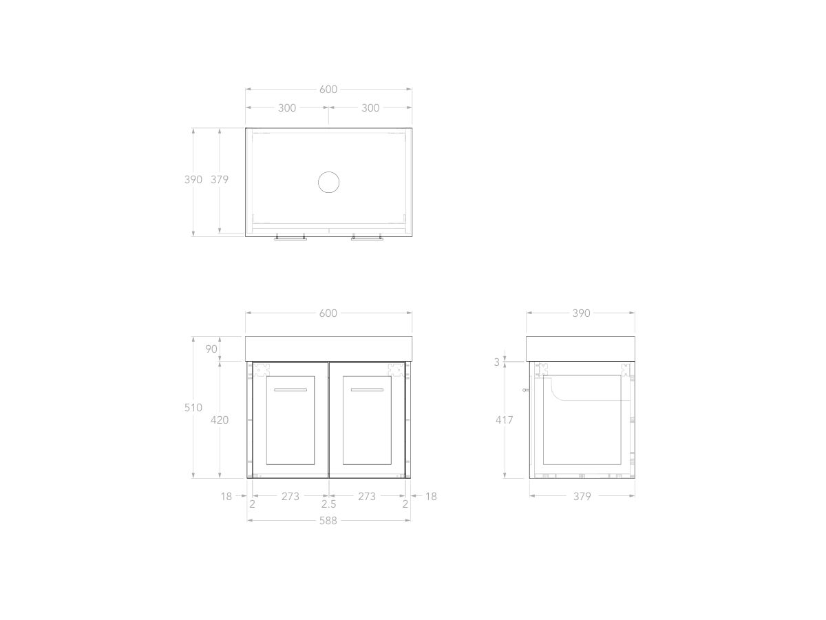 Reece Kado Lux Ensuite All Door 600mm Wall Hung Vanity Centre Basin 90mm Caesarstone Mineral Top